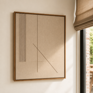 Linnen wandkunst met een baklijst van gerookt eikenhout