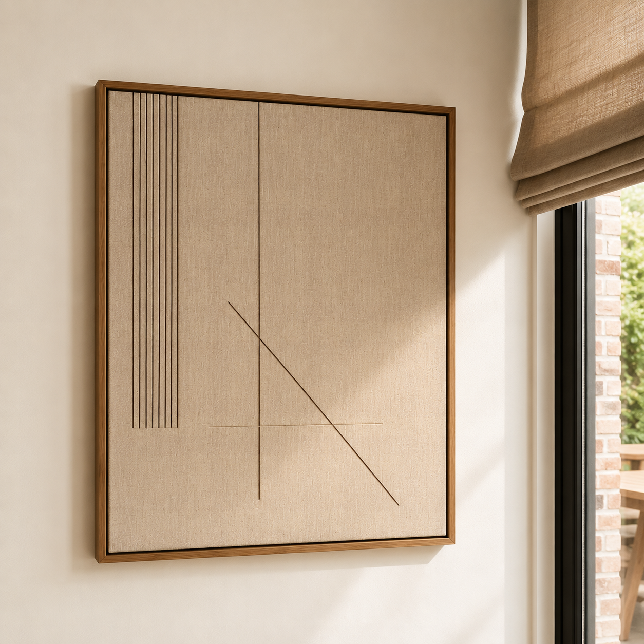 Linnen wandkunst met een baklijst van gerookt eikenhout